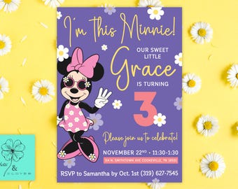 Minnie Mouse Three Year Old Birthday Party Invitation, I'm This Minnie