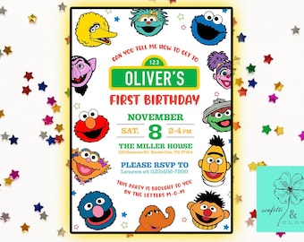 Invitación de cumpleaños de personajes de Barrio Sésamo para fiesta infantil