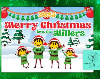 Divertida tarjeta navideña de familia de elfos con caras (descarga digital)