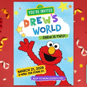 Puede incluir: Una colorida invitaci&oacute;n para una fiesta de cumplea&ntilde;os con el texto "DREW'S WORLD" y "DREW IS TWO!" con un personaje de dibujos animados rojo. La invitaci&oacute;n incluye la fecha, hora y lugar de la fiesta, con informaci&oacute;n de RSVP.