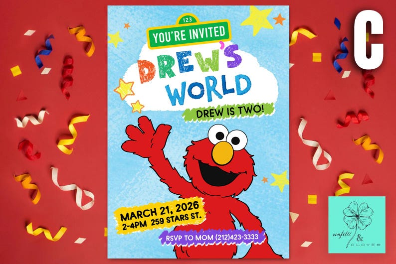 Puede incluir: Una colorida invitaci&oacute;n para una fiesta de cumplea&ntilde;os con el texto "DREW'S WORLD" y "DREW IS TWO!" con un personaje de dibujos animados rojo. La invitaci&oacute;n incluye la fecha, hora y lugar de la fiesta, con informaci&oacute;n de RSVP.