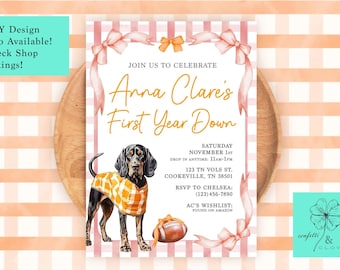 Invitación para el primer cumpleaños de los Tennessee Vols: temática de fútbol americano, lazos de cuadros vichy (descarga digital) FIESTA DE CHICAS VOLS