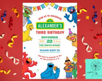 Invitación de cumpleaños de Barrio Sésamo: Invitación editable para fiesta infantil (Plantilla digital)