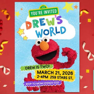 Puede incluir: Una colorida invitaci&oacute;n de cumplea&ntilde;os con el personaje Elmo de Barrio S&eacute;samo. La invitaci&oacute;n dice "Drew's World" con detalles del evento: 21 de marzo de 2026, 2-4 PM, y un n&uacute;mero de tel&eacute;fono para confirmar asistencia. Confeti y cintas decoran el fondo rojo.