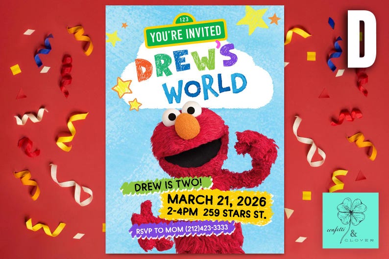 Puede incluir: Una colorida invitaci&oacute;n de cumplea&ntilde;os con el personaje Elmo de Barrio S&eacute;samo. La invitaci&oacute;n dice "Drew's World" con detalles del evento: 21 de marzo de 2026, 2-4 PM, y un n&uacute;mero de tel&eacute;fono para confirmar asistencia. Confeti y cintas decoran el fondo rojo.