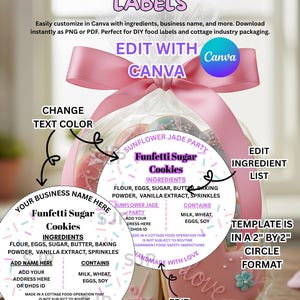 Può includere: Un sacchetto di cellophane trasparente legato con un nastro rosa, contenente biscotti di zucchero decorati. I biscotti hanno etichette con il testo "Funfetti Sugar Cookies" e liste di ingredienti. Le etichette sono progettate per essere modificate con Canva.