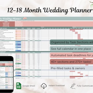 May include: A digital wedding planner template for 12-18 months, displayed on a computer screen and a smartphone. The planner is organized by task sections with a calendar, automated deadlines, and over 40 sections with 270+ tasks. The planner is fully customizable.