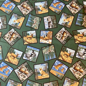 Impression de cartes postales sauvages par Lincoln Textiles, vendu par demi-mètre x 45 po. de large, tissu de courtepointe en coton vert foncé