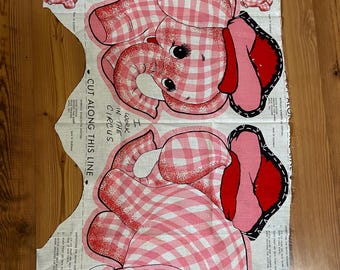 PINK GINGHAM ELEPHANT Vintage Cotton Fabric Panel From the