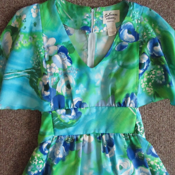 VINTAGE SUN FASHiONS de HAWAII Robe verte bleue des années 1970 Belle robe Taille 10