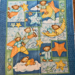 LESLIE BECK Bears and Stars Baby Quilt Flannel Fabric Panel Extremely Rare Nursery Wall Hanging/Cheater Quilt 35&quot; x 44&quot;