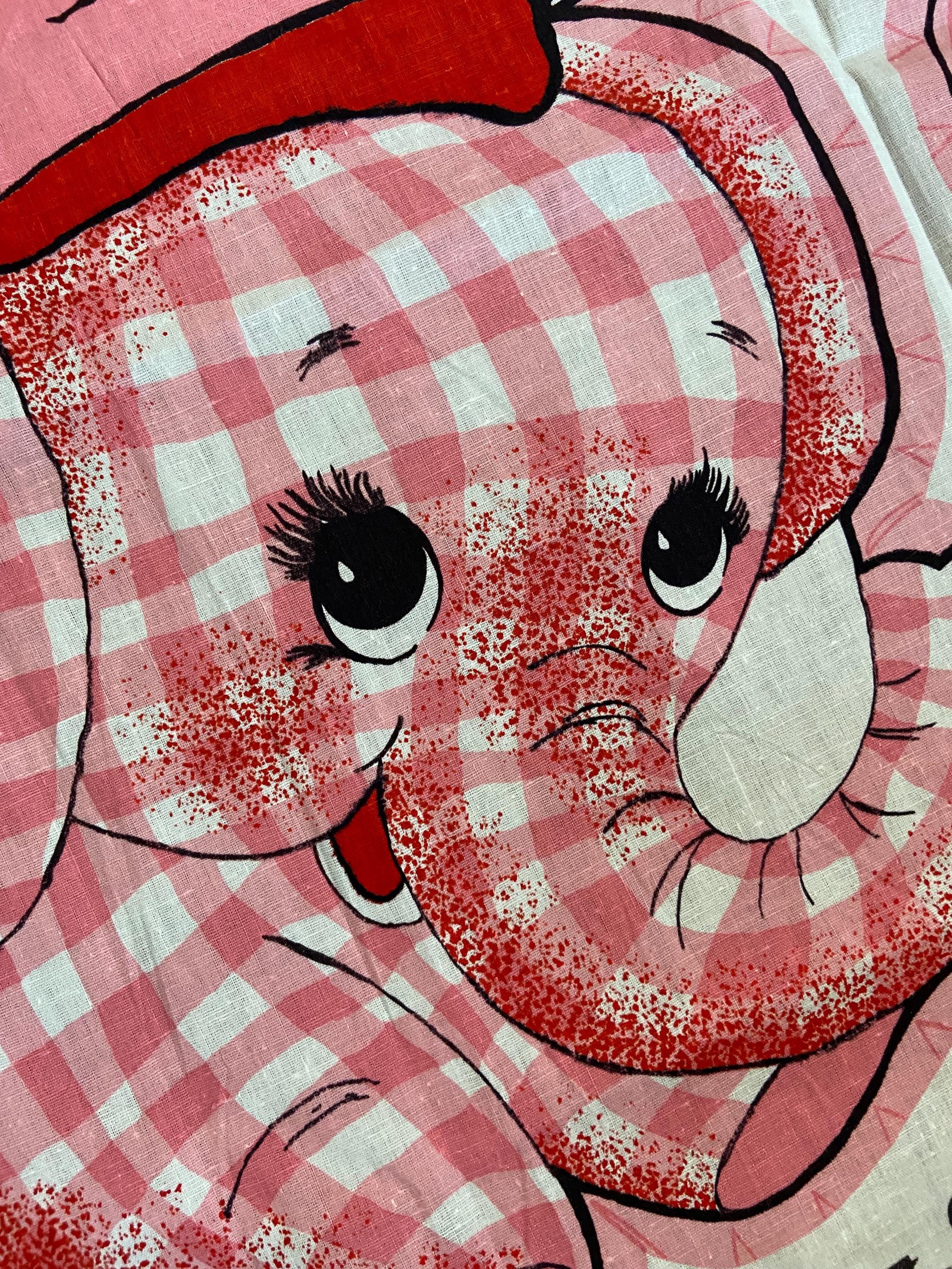 アンティークパネル　ピンクのチュチュ PINK GINGHAM ELEPHANT Vintage Cotton Fabric Panel From the