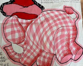 アンティークパネル　ピンクのチュチュ PINK GINGHAM ELEPHANT Vintage Cotton Fabric Panel From the