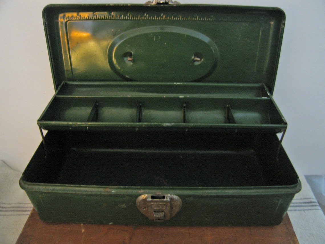 Old Vintage Metal Fishing Tackle Box Industrial Green Embossed Etsy