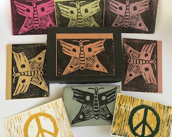 Vintage Real 1960s Linoleum Block and Hand-printed Butterfly and Peace Sign Cards Hippie Art Craft Revival with Original Block and Box