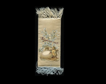 Antique Victorian Handmade Textile Bookmark, Embroidered Padded Satin & Chromolith Scrap, Easter Theme Chicks, Hatching Egg, Forget-me-nots