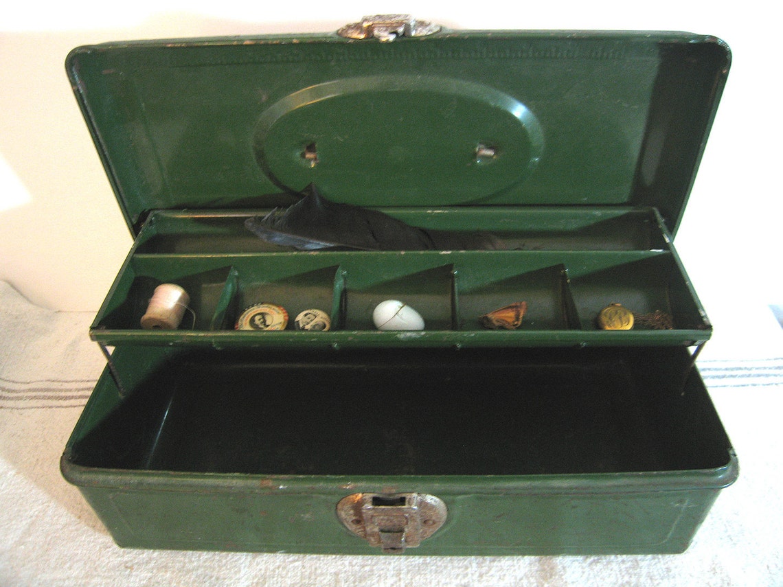 Old Vintage Metal Fishing Tackle Box Industrial Green Embossed Etsy