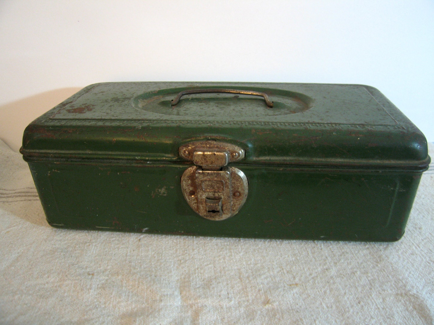 Old Vintage Metal Fishing Tackle Box Industrial Green Embossed Etsy