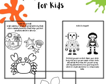 May include: A black and white "Coping Skills Bundle for Kids" printable. The bundle includes instructions for crab walking, robot relaxation, and lemon squeezes, with illustrations of a crab, robot, and lemons.