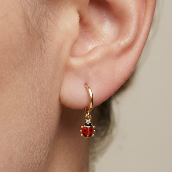Gold Ladybug Hoop Earrings - Lucky Charm Dangle Earrings - Minimal Jewelry - Gift for Her