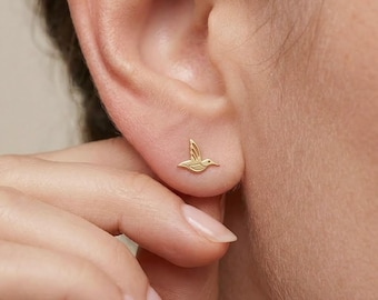 Gold Hummingbird Stud Earrings - Minimal Bird Earrings - Dainty Studs - Nature Jewelry Gift for Her