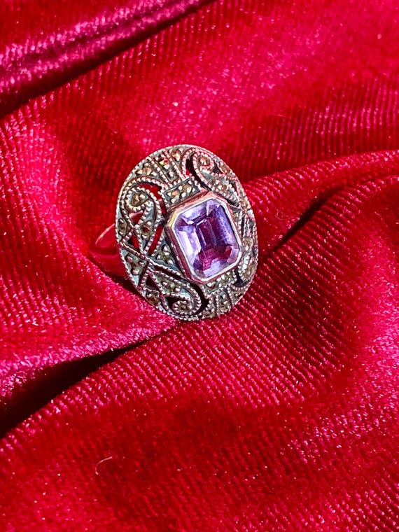 A vintage amethyst ring, marcasite accents, open … - image 2