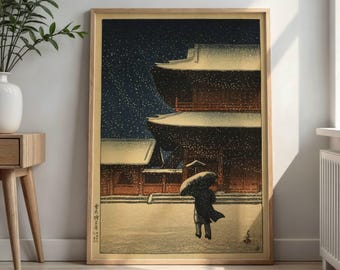 Hasui Kawase Print: Zojo Ji Temple Snow Scene, Japanese Ukiyo-e Art