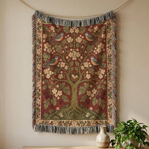 Tree of Life Woven Blanket, Arts and Crafts Hawthorn Blossom Blue Tit Tapestry Throw