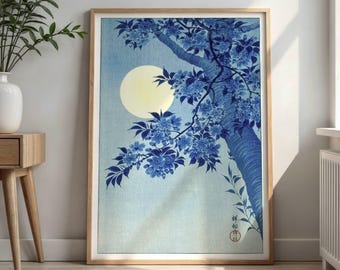 Blossoming Cherry on a Moonlit Sky by Ohara Koson : Tranquil Japanese Poster