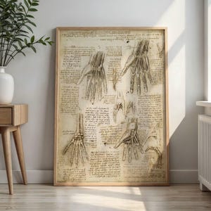 May include: A framed print featuring anatomical drawings of hands, rendered in sepia tones. The artwork showcases detailed illustrations of bones, muscles, and tendons, accompanied by handwritten notes. The print is encased in a light brown wooden frame.