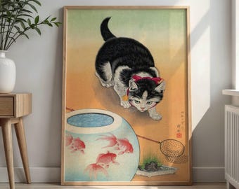 小原古邨による日本のアートプリント「金魚鉢と猫」、木版画、ジクレー
