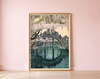 吉田博による日本のアートプリント「亀戸橋」、木版画、ジクレー、版画