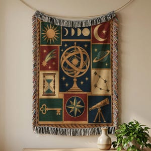 Celestial Astronomy Patchwork Woven Blanket, Dark Academia Cotton Tapestry Throw