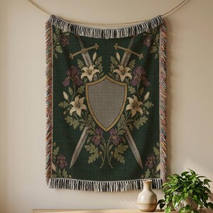 Crossed Swords Shield Woven Blanket, Gothic Lily and Iris Tapestry Throw or Sherpa Fleece