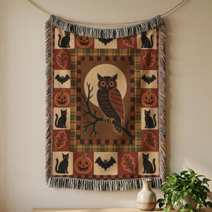 Owl Harvest Moon Woven Blanket, Vintage Plaid Halloween Patchwork Tapestry Throw