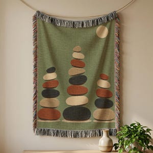 Japandi Stacked Pebble Cairn Woven Blanket, Sage Zen Stone Tapestry Throw with Moon
