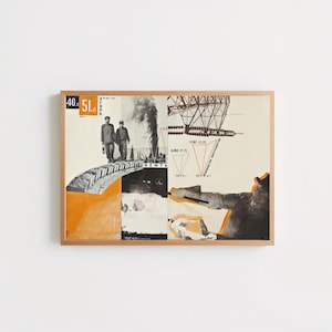 May include: A framed collage print featuring black and white industrial imagery, including two figures, a smoke stack, and electrical infrastructure. The composition incorporates orange geometric accents, numerical data, and Russian text.