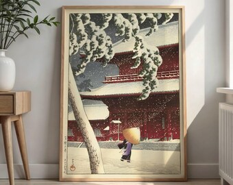 Hasui Kawase Japanese Art Print: Zojoji Temple Winter Scene