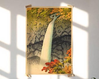 川瀬巴水作「日光桂厳の滝」、木版画、ジクレー、版画、文化芸術、秋