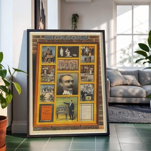 May include: A framed vintage poster titled DICKSONN 210 BOULEVARD DES ITALIENS, featuring a central portrait of a man surrounded by multiple smaller illustrations of stage magic performances, tricks, and text, labeled PREMIER PRESTIDIGITATEUR DE FRANCE.