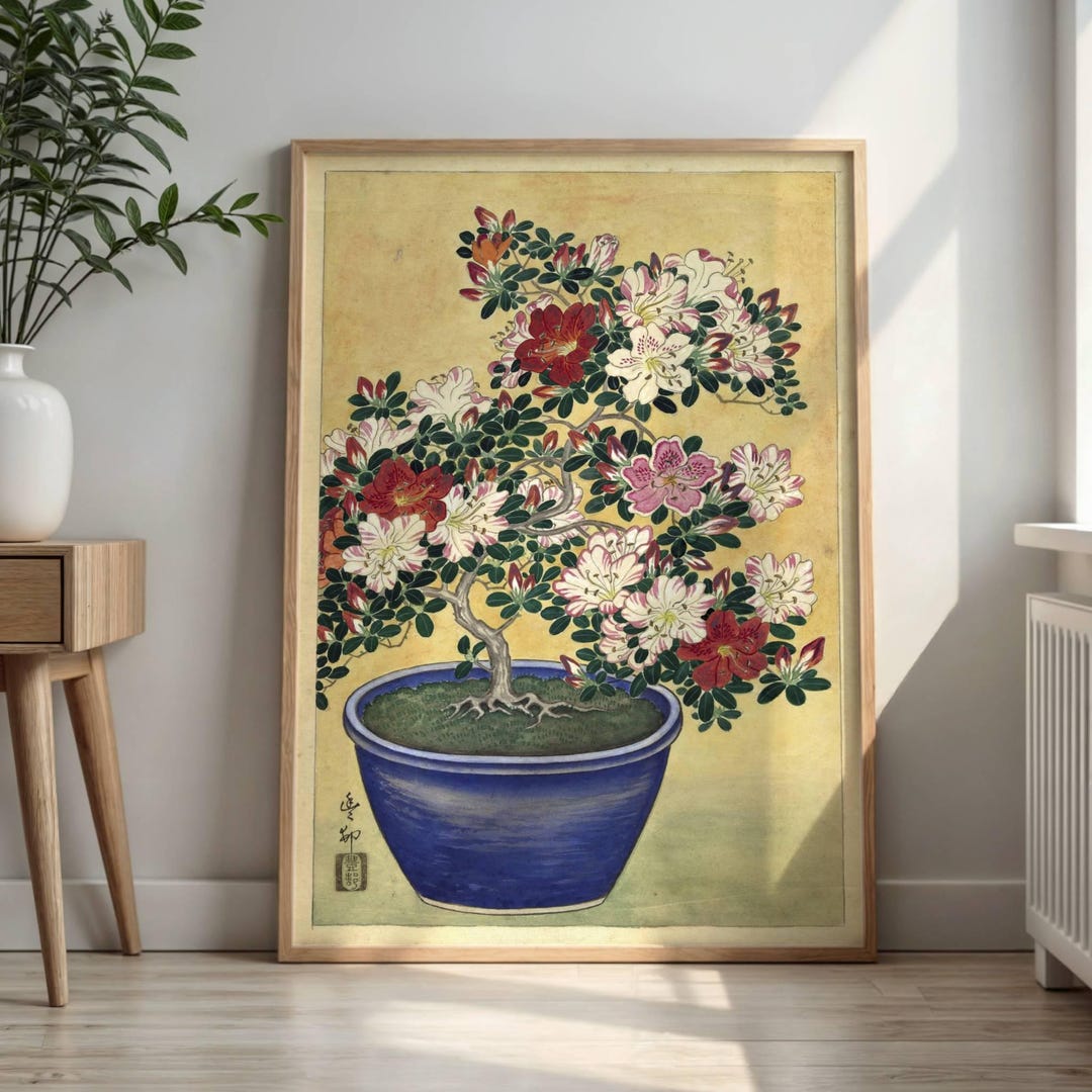 Flowering Azalea in Blue Pot by Ohara Koson : Vintage Japanese Poster ...