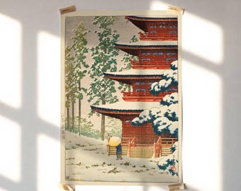 Hasui Kawase Japanese Art Print: Temple Hirosaki Winter Scene