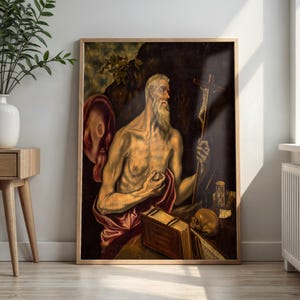 May include: A framed oil painting depicting a bearded, shirtless figure holding a crucifix. The scene includes a skull, an hourglass, and a large book on a table. The color palette features deep browns, ochre, and muted red tones in a dark setting.