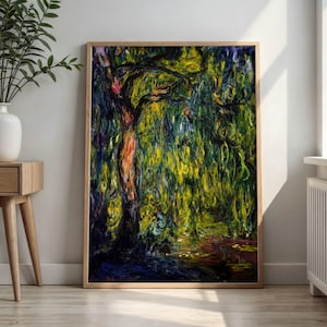 Puede incluir: Una impresión artística rectangular enmarcada que presenta una pintura impresionista de un sauce llorón. La obra muestra un tronco de árbol oscuro y texturizado con follaje amarillo y verde vibrante que cae en cascada sobre un fondo azul profundo.