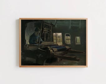 May include: A framed oil painting depicting a person working at a large wooden loom inside a dimly lit room. The scene features dark tones, a blue-clad figure operating the machinery, and two small windows showing a glimpse of the outdoors.