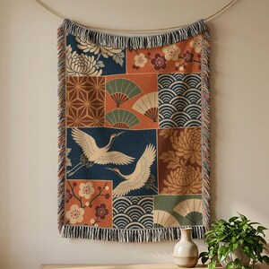 Kimono Patchwork Crane Woven Blanket, Japanese Floral Cotton Tapestry Throw