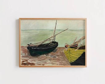 Etude De Bateaux Sur La Plage Detretat by Claude Monet: Coastal Impressionist Print