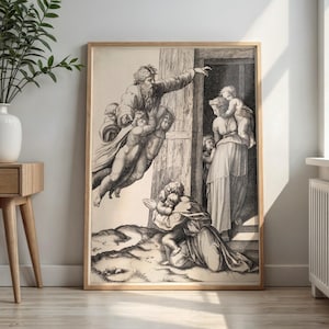 May include: A black and white line art print in a light wood frame depicting a classical scene with a bearded figure floating above, reaching towards a group of figures, including a person kneeling and holding a child near a doorway.