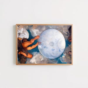 May include: A framed art print featuring a classical painting of figures with tan skin tones reaching toward a large, luminous, pale blue circular orb set against a deep blue sky filled with white clouds and faint animal silhouettes.