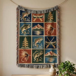 Lake Cabin Fishing Patchwork Vävd Filt, Öring Kanot Rustikt Stuga Gobelängpläd
